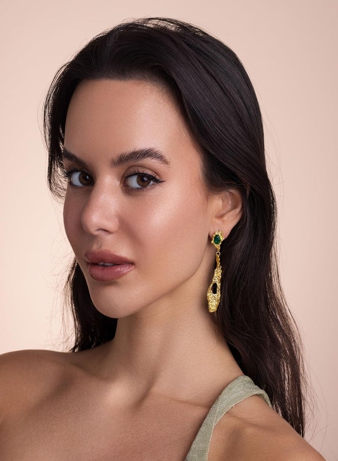 SNGIA 18K gold plated Abstract Long Chunky Vintage Boho Dangle Hammered Statement Earrings with Rectangle Green Emerald Gemstone by SNGIA, Bold Geometric Drop Handmade Exaggerated Irregular Trendy Bohemian Charm Chandelier Jewelry Gifts, Unique Dangling Teardrop Baroque Stone Summer Beach Fashion Accessories, Waterfall Vintage Thick Circular Nickle Free Huggies Hoop Earring. - Image 2
